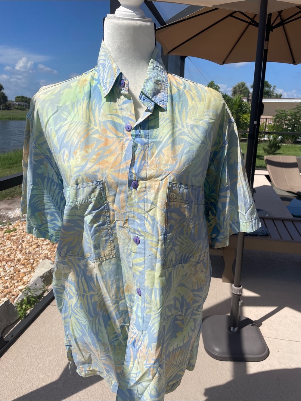 Rum Reggae Cotton Short-Sleeve Button-Down Shirt Light Blue Tropical Hawaiian M